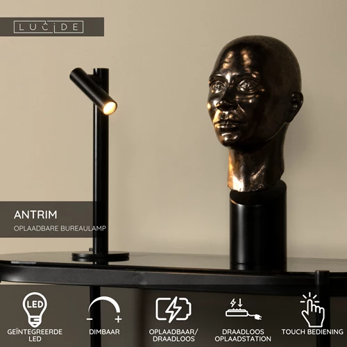 Lucide ANTRIM - Oplaadbare Bureaulamp Binnen/Buiten - Accu/Batterij - LED Dimb. - 1x2,2W 2700K - IP54 - Met draadloos oplaadstation - Zwart - USP